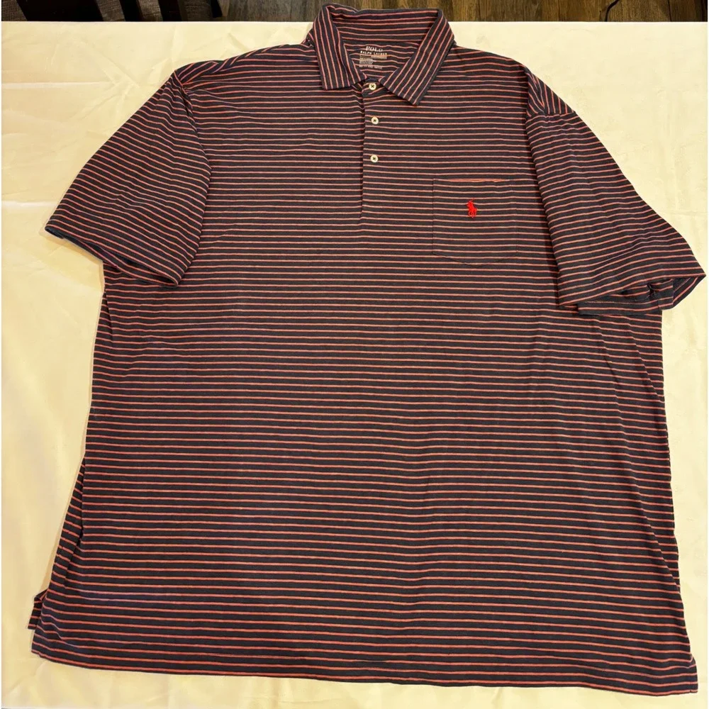 Polo Ralph Lauren Performance Mens 3XB Striped Pocket Polo Shirt Navy Salmon